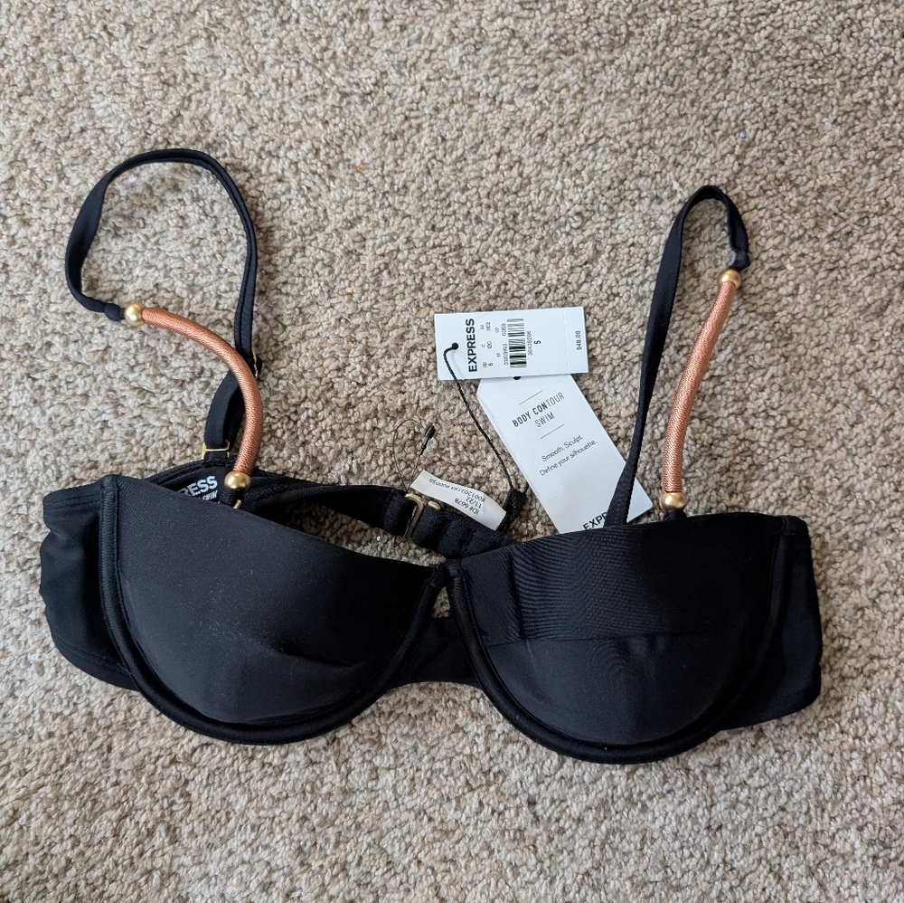 Express Swimwear Women's Bikini Top Black Gold Size Small NWT Solid Adjustable